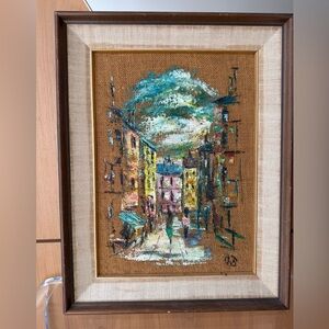 Colorful Cityscape Original Oil on Sack Cloth Painting